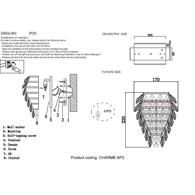 Настенный светильник Crystal Lux Charme AP3 Gold/Transparent Фото № 2