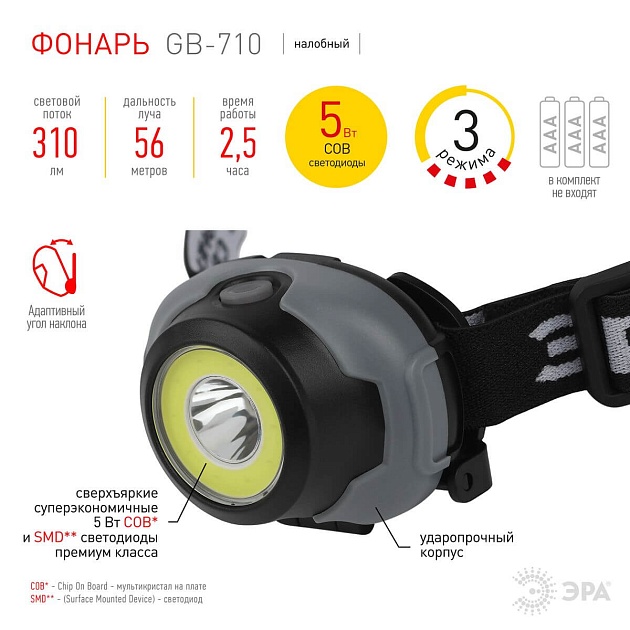 Налобный светодиодный фонарь ЭРА Пиранья от батареек 43х43х68 310 лм GB-710 Б0052752 фото 3
