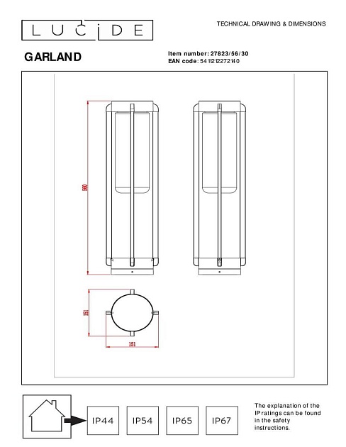 Уличный светильник Lucide Garland 27823/56/30 изображение 2 Уличный светильник Lucide Garland 27823/56/30 Фото № 2