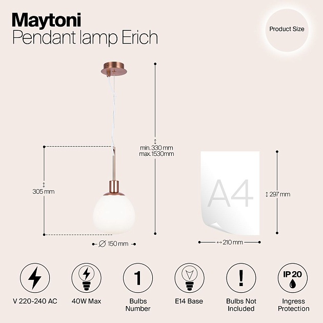 Подвесной светильник Maytoni Erich MOD221-PL-01-G Фото № 2