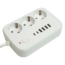 Удлинитель 3-местный c/з 3x1 мм2, 1,8 м, 250В, 10А, 4USB+2Type-C 2,4А, серия Home plus, белый STEKKER HM09-36-02 49972 2