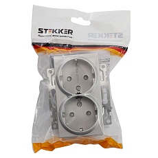 Розетка двойная 2P+PE Stekker Катрин со шторками серебро GLS16-7114-03 39584 3