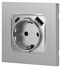 Розетка ЭРА Серия 12 12-4108-03 2P+E 16A-250В со шторками с USB type-A+C 5В-3А алюминий Б0067716 2
