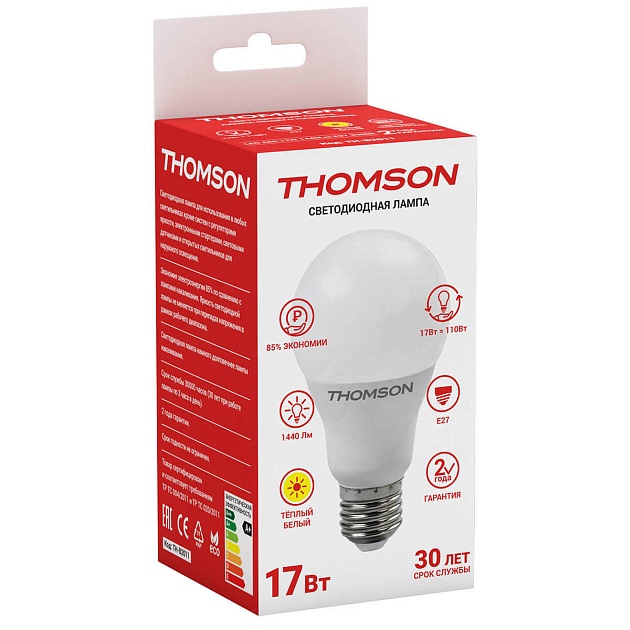 Лампа светодиодная Thomson E27 17W 3000K груша матовая TH-B2011 фото 2