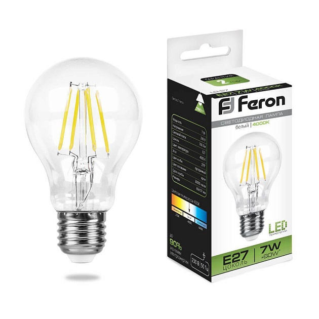 Лампа светодиодная филаментная Feron E27 7W 4000K Шар Прозрачная LB-57 25570 фото 