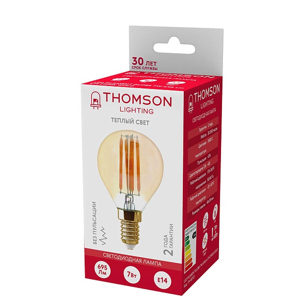 Лампа светодиодная филаментная Thomson E14 7W 2400K шар прозрачная TH-B2122 фото 2