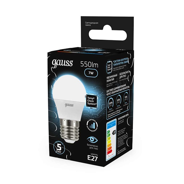 Лампа светодиодная Gauss E27 6.5W 4100K матовая 105102207 Фото № 2