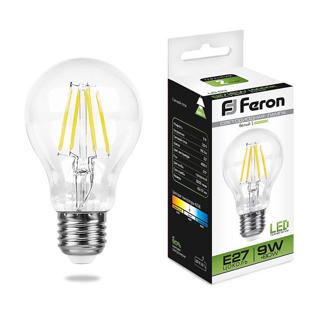 Лампа светодиодная филаментная Feron E27 9W 4000K Шар Прозрачная LB-63 25632 фото 