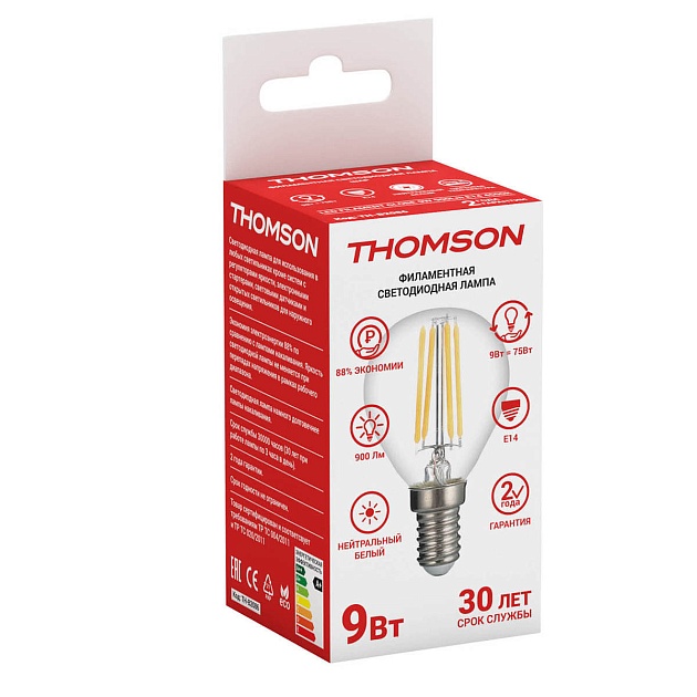 Лампа светодиодная филаментная Thomson E14 9W 4500K шар прозрачная TH-B2086 фото 2