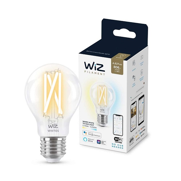 Лампа светодиодная филаментная диммируемая WiZ E27 7W 2700-6500K прозрачная Wi-Fi BLE 60WA60E27927-65CL1PF/6 929003017201 фото 