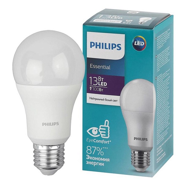 Лампа светодиодная Philips E27 13W 4000K матовая 929002305287 фото 