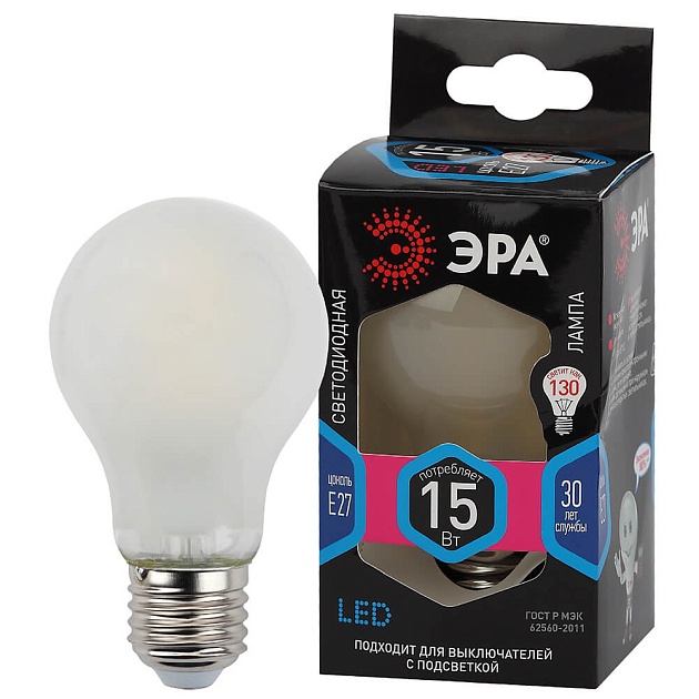 Лампа светодиодная филаментная ЭРА E27 15W 4000K матовая F-LED A60-15W-840-E27 frost Б0046984 фото 3