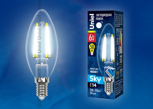 Лампа светодиодная филаментная Uniel E14 6W 4000K прозрачная LED-C35-6W/NW/E14/CL PLS02WH UL-00001373 фото 2