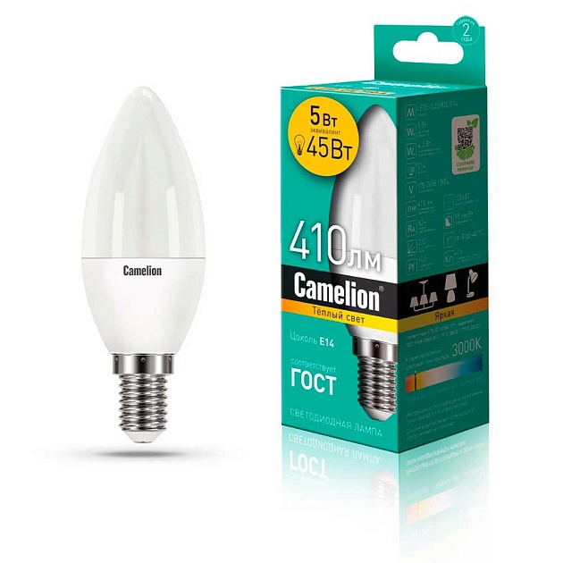 Лампа светодиодная Camelion E14 5W 3000K LED5-C35/830/E14 12031 фото 