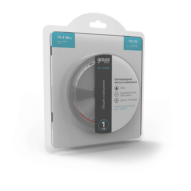 Светодиодная лента Gauss 14,4W/m 240LED/m 2835SMD нейтральный белый 5M BT087 Фото № 11