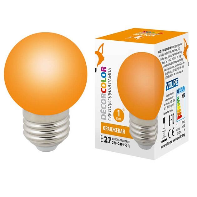 Лампа светодиодная Volpe E27 1W оранжевая LED-G45-1W/ORANGE/E27/FR/С UL-00005650 фото 