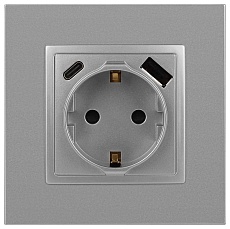 Розетка ЭРА Elegance 14-4108-03 2P+E 16A-250В со шторками с USB type-A+C 5В-3А алюминий Б0067741 2