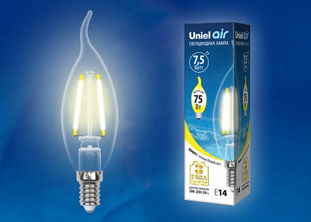 Лампа светодиодная филаментная Uniel E14 7,5W 3000K прозрачная LED-CW35-7,5W/WW/E14/CL GLA01TR UL-00003248 фото 2