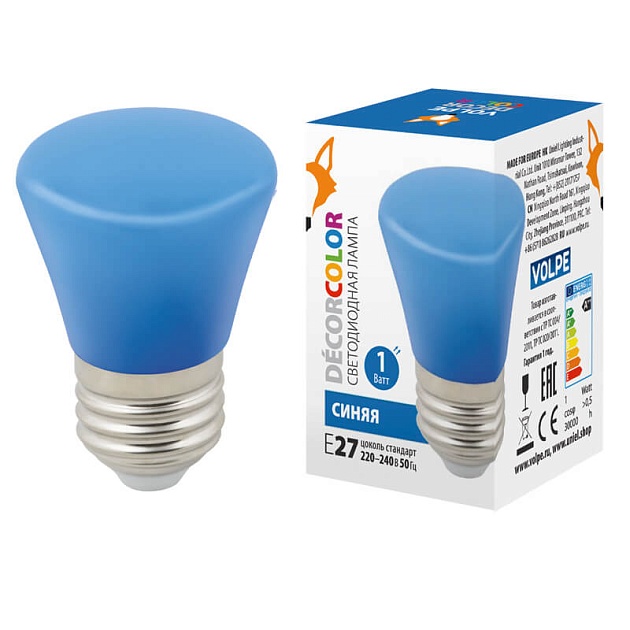 Лампа светодиодная Volpe E27 1W синяя LED-D45-1W/BLUE/E27/FR/С BELL UL-00005639 фото 