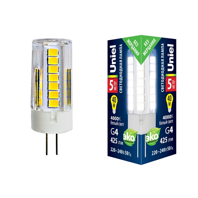 Лампа светодиодная Uniel G4 5W 4000K прозрачная LED-JC-220/5W/4000K/G4/CL GLZ09TR UL-00006745 фото 
