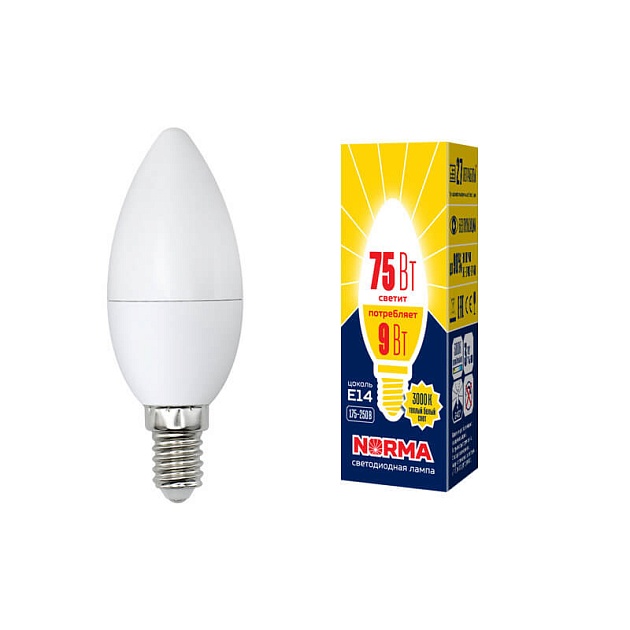 Лампа светодиодная E14 9W 3000K матовая LED-C37-9W/WW/E14/FR/NR UL-00003804 фото 2