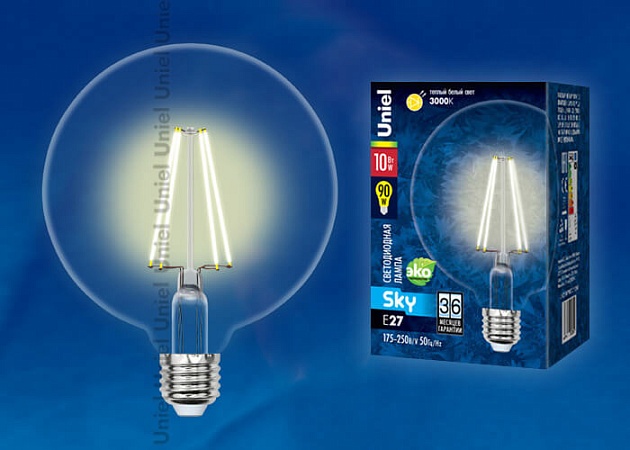 Лампа светодиодная филаментная Uniel E27 10W 3000K прозрачная LED-G125-10W/WW/E27/CL PLS02WH 10534 фото 2