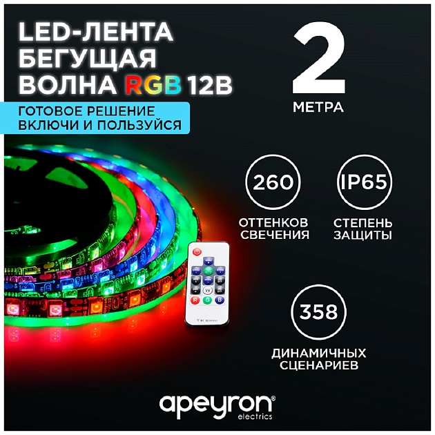 Светодиодная влагозащищенная лента Apeyron 14,4W/m 60Led/m 5050SMD разноцветная 2M 86ЦЛ фото 11