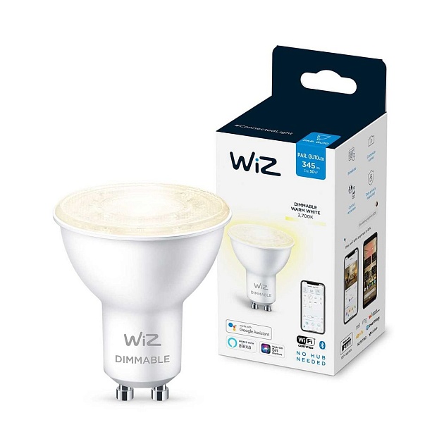 Лампа светодиодная диммируемая WiZ GU10 4,7W 2700K прозрачная Wi-Fi BLE 50W GU10 927 DIM 1PF/6 929002448102 фото 