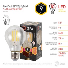 Лампа светодиодная филаментная ЭРА E27 9W 2700K прозрачная F-LED A60-9W-827-E27 Б0043433 1