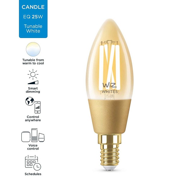 Лампа светодиодная филаментная диммируемая WiZ E14 4,9W 2700-6500K золото Wi-Fi BLE 25W C35E14920-50Amb1PF/6 929003017701 фото 2