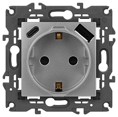 Розетка ЭРА Elegance 14-4108-03 2P+E 16A-250В со шторками с USB type-A+C 5В-3А алюминий Б0067741