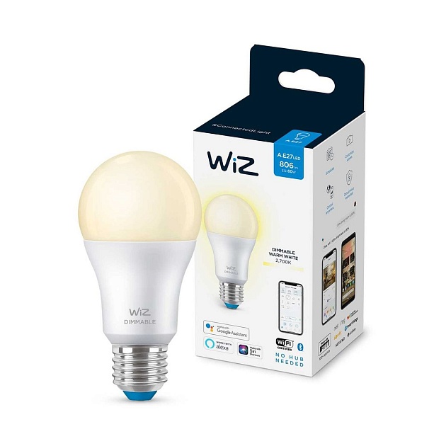 Лампа светодиодная диммируемая WiZ E27 8W 2700K матовая Wi-Fi BLE 60W A60 E27 927 DIM1PF/6 929002450202 фото 