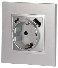 Розетка ЭРА Elegance 14-4108-03 2P+E 16A-250В со шторками с USB type-A+C 5В-3А алюминий Б0067741 1