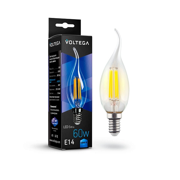 Лампа светодиодная филаментная Voltega E14 6W 4000К прозрачная VG10-CW1E14cold6W-F 7018 фото 