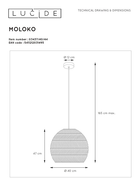 Подвесной светильник Lucide Moloko 03437/40/44 фото 2