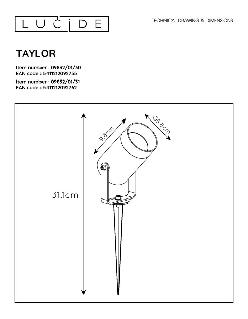 Уличный светильник Lucide Taylor 09832/01/30 изображение 2 Уличный светильник Lucide Taylor 09832/01/30 Фото № 2