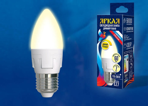 Лампа светодиодная диммируемая Uniel E27 7W 3000K матовая LED-C37 7W/3000K/E27/FR/DIM PLP01WH UL-00004297 фото 2