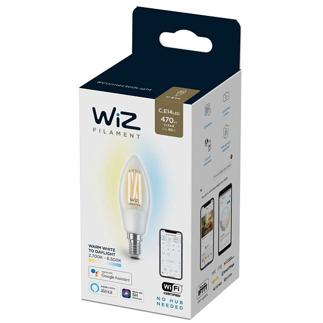 Лампа светодиодная филаментная диммируемая WiZ E14 4,9W 2700-6500K прозрачная Wi-Fi BLE 40W C35 E14927-65CL1PF/6 929003017601 фото 3