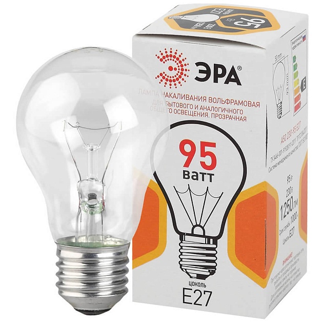 Лампа накаливания ЭРА E27 95W 2700K прозрачная A50 95-230-Е27-CL Б0039124 фото 3