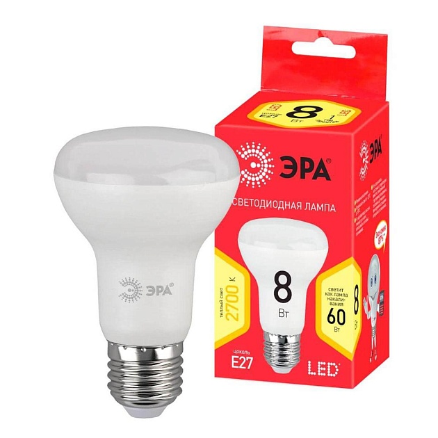 Лампа светодиодная ЭРА E27 8W 2700K матовая LED R63-8W-827-E27 R Б0050701 фото 