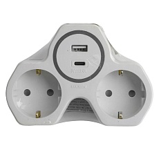 Разветвитель сетевой 2-местный с/з Stekker ADP16-15-20, 250V, 16A и USB+Type C на 2.4А, белый/серый 50071 1