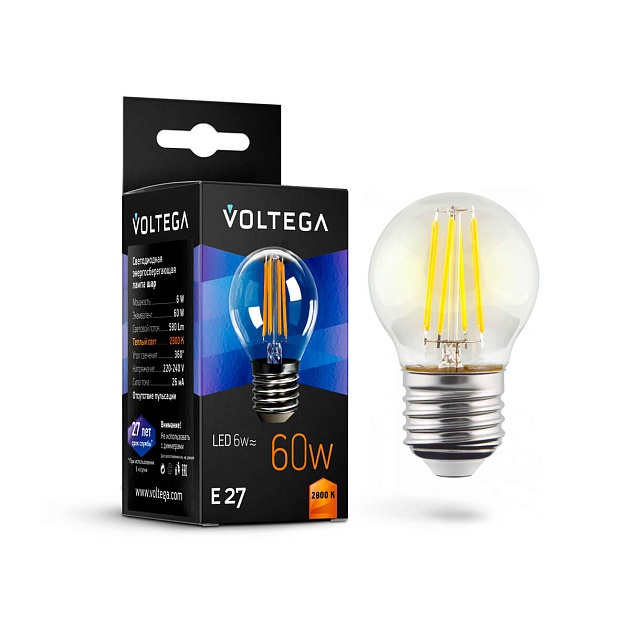 Лампа светодиодная филаментная Voltega E27 6W 2800К прозрачная VG10-G1E27warm6W-F 7023 фото 