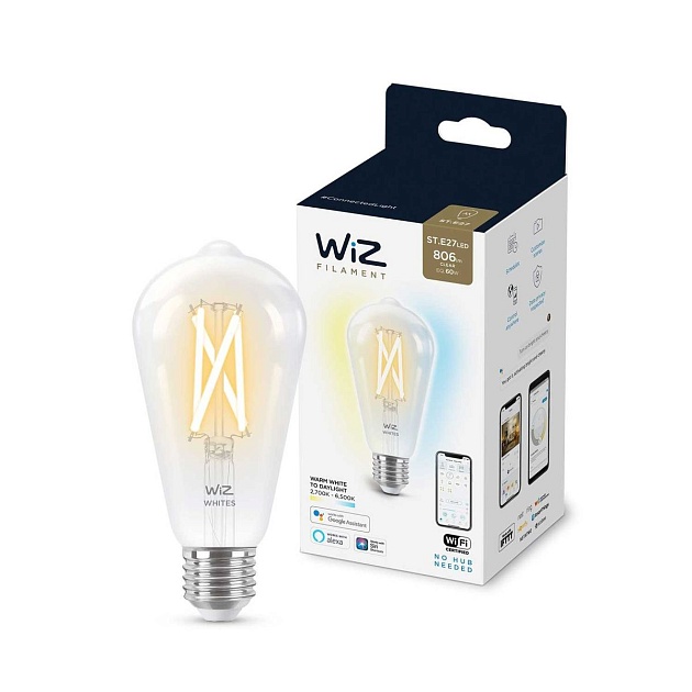 Лампа светодиодная филаментная диммируемая WiZ E27 7W 2700-6500K прозрачная Wi-Fi BLE60WST64E27927-65CL1PF/6 929003018601 фото 