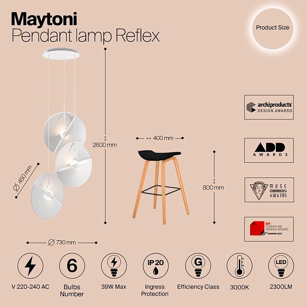 Подвесной светодиодный светильник Maytoni Reflex MOD154PL-L6W3K1 изображение 2 Подвесной светодиодный светильник Maytoni Reflex MOD154PL-L6W3K1 Фото № 2