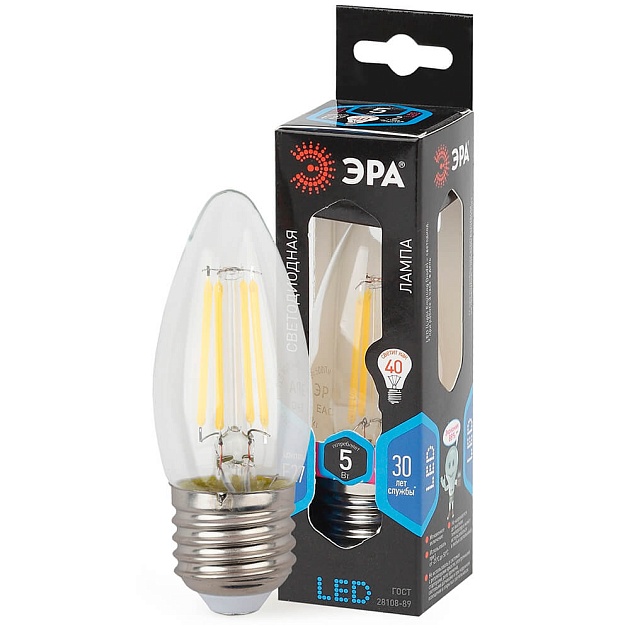 Лампа светодиодная филаментная ЭРА E27 5W 4000K прозрачная F-LED B35-5W-840-E27 Б0027934 фото 4