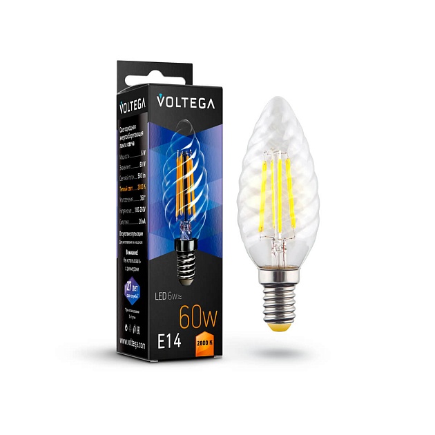 Лампа светодиодная филаментная Voltega E14 6W 2800К прозрачная VG10-CC1E14warm6W-F 7027 фото 