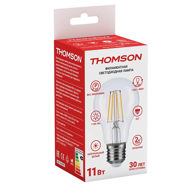Лампа светодиодная филаментная Thomson E27 11W 4500K груша прозрачная TH-B2064 фото 2