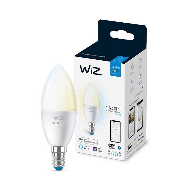 Лампа светодиодная диммируемая WiZ E14 4,9W 2700-6500K матовая Wi-Fi BLE 40WC37E14927-65TW1PF/6 929002448702 фото 