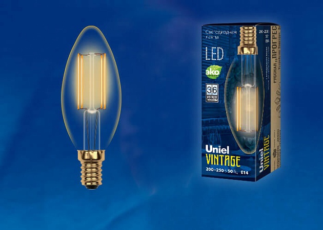 Лампа светодиодная филаментная Uniel E14 5W 2250K прозрачная LED-C35-5W/GOLDEN/E14 GLV21GO UL-00002396 фото 2