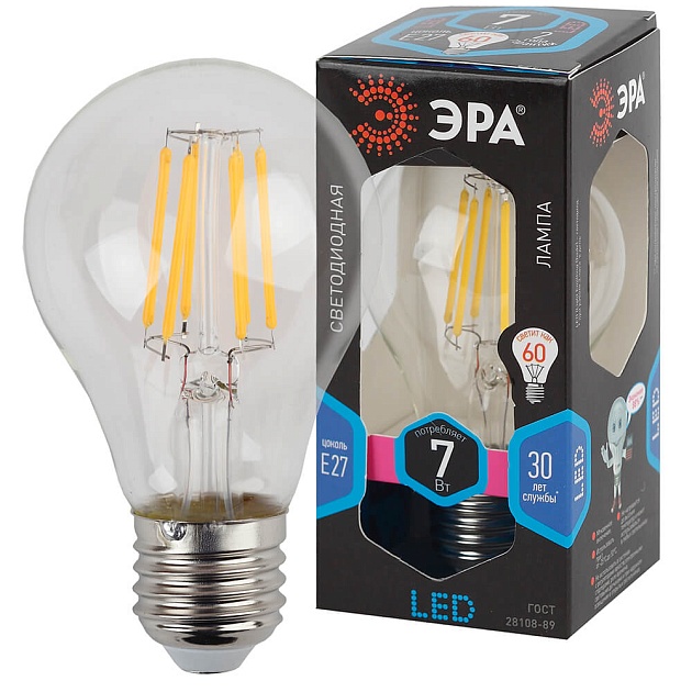 Лампа светодиодная филаментная ЭРА E27 7W 4000K прозрачная F-LED A60-7W-840-E27 Б0043447 фото 3